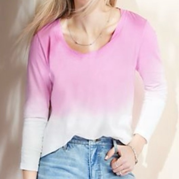 Long Sleeve Scoop Neck Loose Fit Tee Pink/White Ombré  Medium - Picture 2 of 12